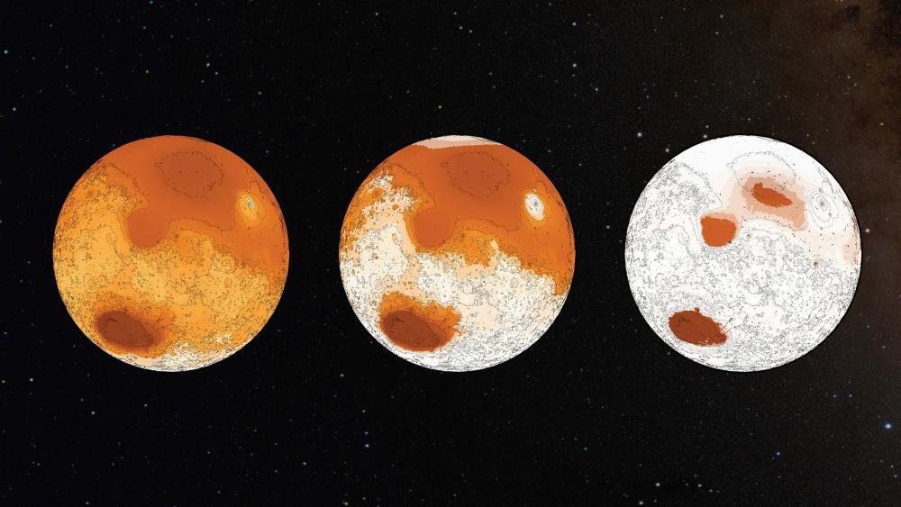 Median evolution of the ice coverage of Noachian Mars under the influence of hydrogenotrophic methanogens as predicted by our model (assuming a freezing point of brines of 252K)