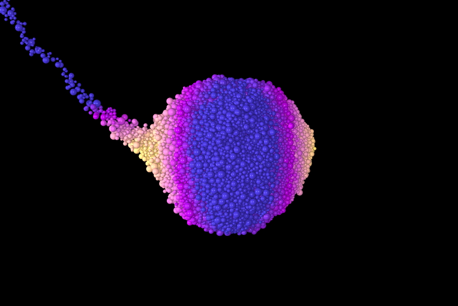 From Figure 5 of the publication: A snapshot from a simulation of a “rubble pile” model of Phobos being tidally stripped by Mars. In this image, the viewer is looking down from Phobos’ rotational pole with Mars is oriented to left and the colors indicate the acceleration felt by each particle. The full animation can be found in the publication.